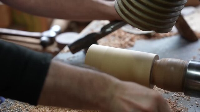 Craftsman shaping spinning wooden cylinder with chisel on old lathe, wood chips piling on workbench in Japanese workshop