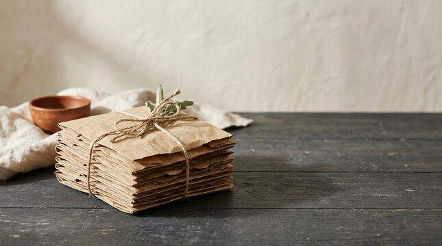 Stack of rustic brown paper envelopes tied with twine and natural sprig on a dark wooden table, evoking vintage correspondence and heartfelt messages, with warm light and copy space
