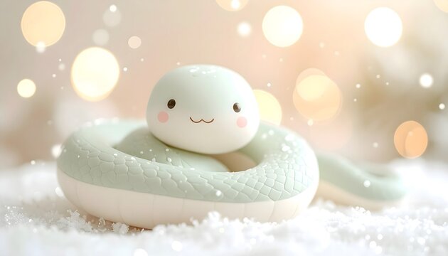 Figura de serpiente blanca enrollada sobre nieve con luces doradas