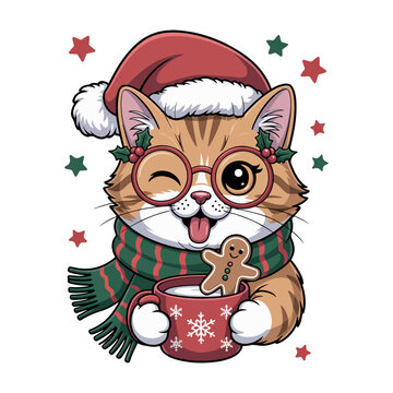 Cute Christmas cat wearing Santa hat and scarf holding hot cocoa mug with gingerbread man vector illustration. 