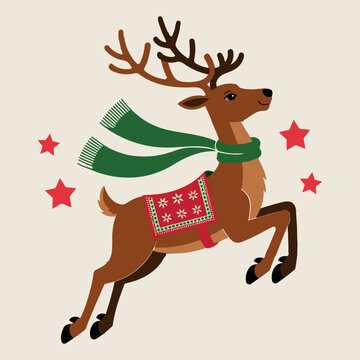 Cute jumping Christmas reindeer with green winter scarf and red blanket vector illustration isolated on white background festive holiday design element