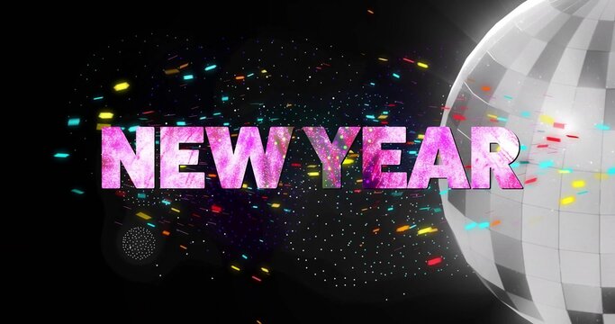 Pink glittery NEW YEAR lettering glowing over dark backdrop with falling confetti and disco ball