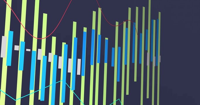 Colored vertical bars rising beneath red curved and teal jagged lines on dark navy, copy space