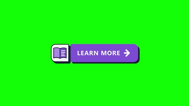 Animated LEARN MORE call-to-action button with book icon and arrow, shown on green screen, black, and white. Copy space overlay element for tutorials, e-learning, and web interface designs.