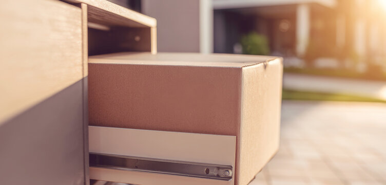 Cardboard parcel sitting inside an automated locker, illustrating contactless delivery and convenient e commerce order collection