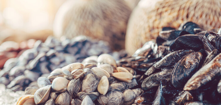 Fresh mussels and clams arranged at a seafood market, highlighting a coastal shellfish harvest for gourmet meals and culinary trade