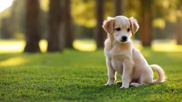 Cream puppy sits on green grass and turns its head from left toward camera, surrounded by softly blurred tree trunks and warm sunlight with open lawn space beside its small body