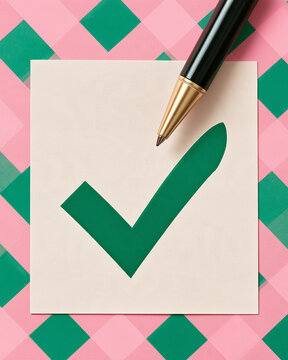 Checkmark on Paper: A large green checkmark signifies completion or approval on a white square paper, placed over a pink and green checkered background, with a pen positioned above.