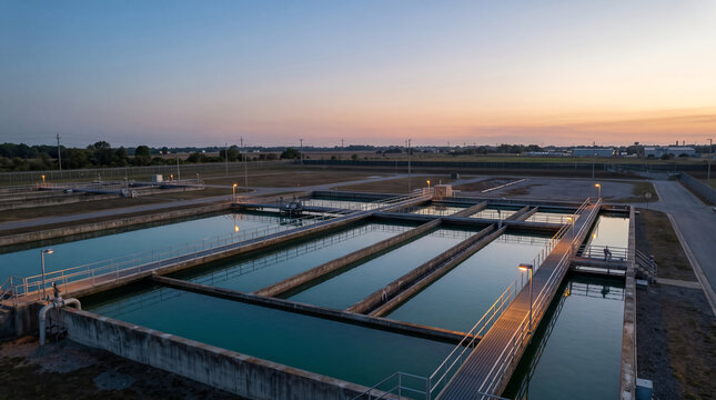 Aerial view of concrete sedimentation tank at water treatment plant
