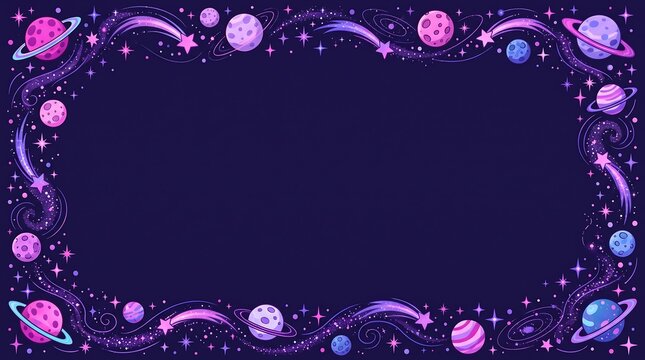 Rectangular border frame with planets, stars, and comets on copy space decorative template banner blank backdrop