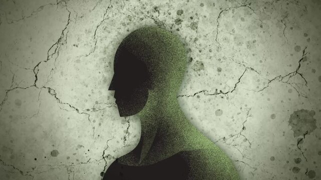 male silhouette filling with liquid and developing an inflated head representing emotional overload and mental pressure