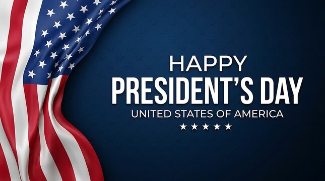 Happy Presidents Day text with waving United States flag on dark blue background for patriotic holiday celebration and national event greeting card