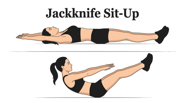 Athletic young woman demonstrating proper form for jackknife sit up exercises with detailed instructions