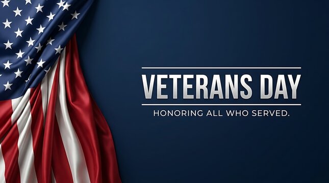 Veterans Day text with American flag on dark blue background for patriotic holiday greeting card banner or social media memorial post