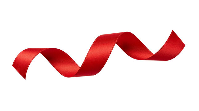 Elegant red satin ribbon with flowing curved waves, glossy fabric texture and decorative folds isolated on transparent background for gift wrapping and festive designs