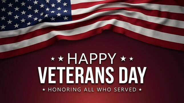 Happy Veterans Day text with waving American flag on dark red background for patriotic holiday celebration and military service tribute graphic