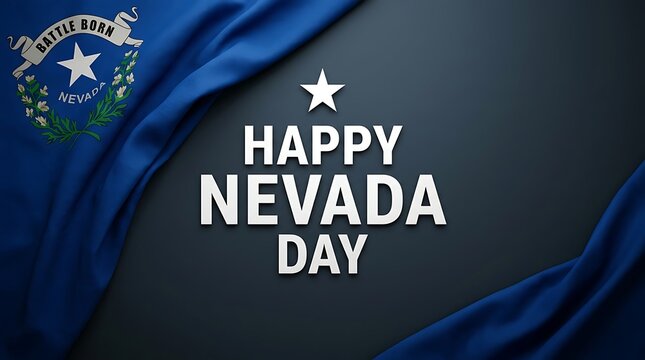 Happy Nevada Day text with white star on dark background and folded blue state flag with battle born emblem in top corner