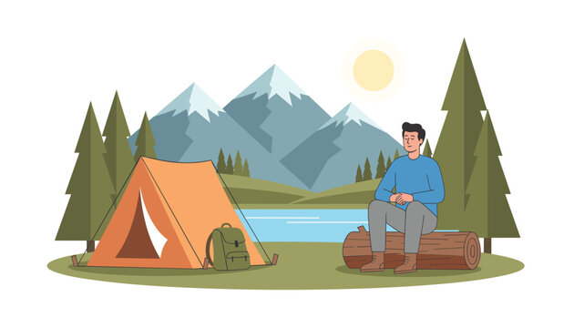 Active man relaxes by a serene mountain lake during his solo camping adventure with an orange tent and a green backpack in nature.