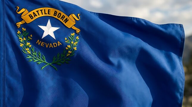 Nevada state flag with blue fabric texture and Battle Born text waving in wind against a blurred outdoor background during the day