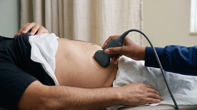Close-up of accurate abdominal ultrasound probe placement