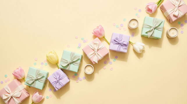 Pastel spring parcels on a diagonal layout with room for ads