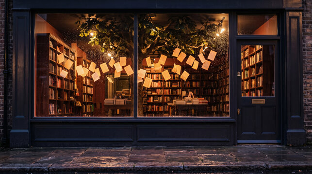 Amber bookshop window at dusk with a rain-washed street view