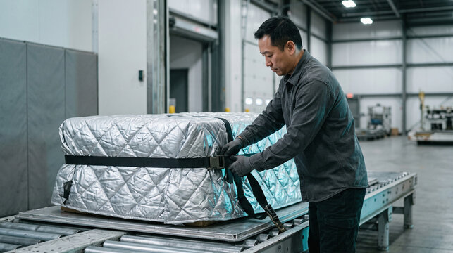 Thermal blanket fastened around a pharmaceutical shipment