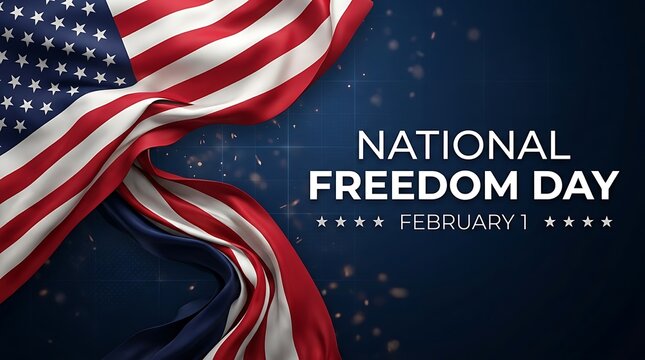 National Freedom Day text with waving American flag on dark blue background for patriotic holiday celebration and United States commemorative event graphic