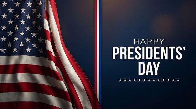 Happy Presidents Day text with waving United States flag on dark blue background for patriotic holiday celebration and national event greeting card