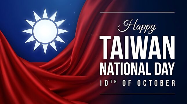 Happy Taiwan National Day text with white sun emblem and red fabric waves on dark blue background for patriotic holiday celebration greeting card