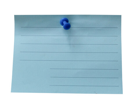 Blank light blue lined note paper with a blue pushpin isolated on transparent background
