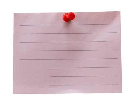 Blank pastel pink lined note paper with a red pushpin isolated on transparent background