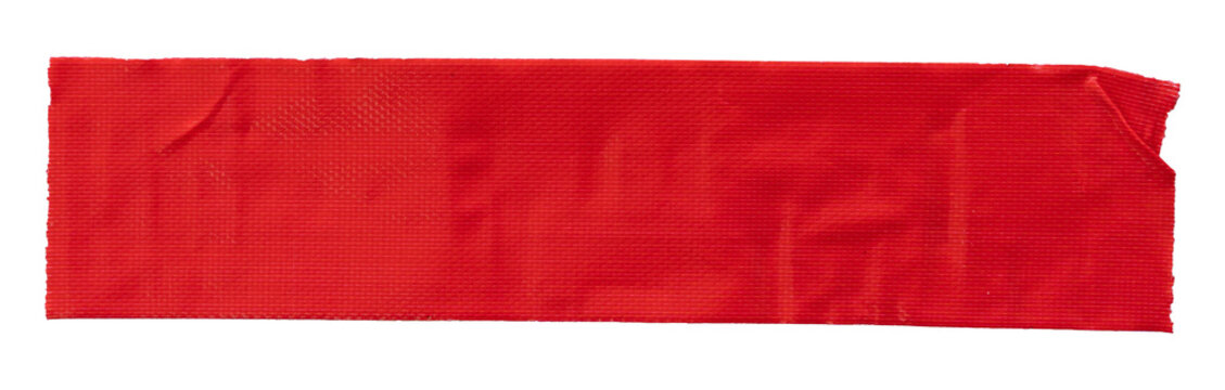 Red duct tape strip with wrinkled edges and textured surface isolated on transparent background