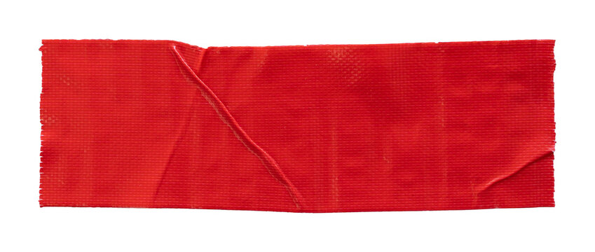 Red duct tape strip with visible folds, wrinkles and textured surface isolated on transparent background
