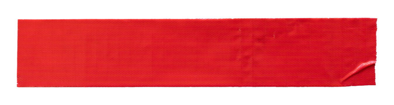 Red duct tape strip with a folded corner and textured surface isolated on transparent background