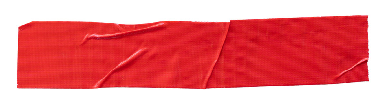 Red duct tape strip with multiple folds and wrinkles isolated on transparent background