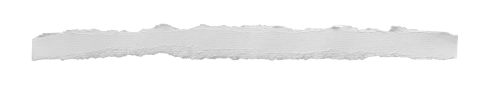 Long horizontal strip of torn white paper with rough edges and textured surface isolated on transparent background