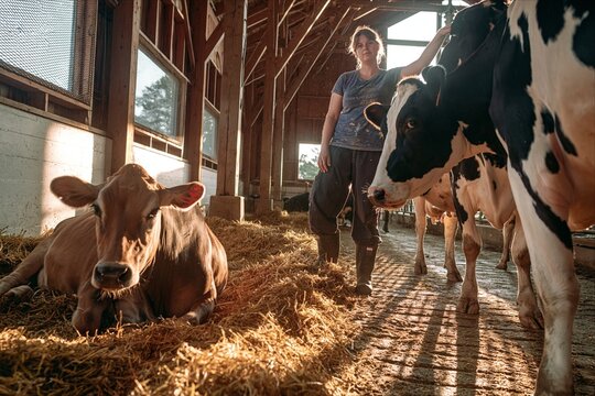 Female farmer stands with her cows in a sunny barn