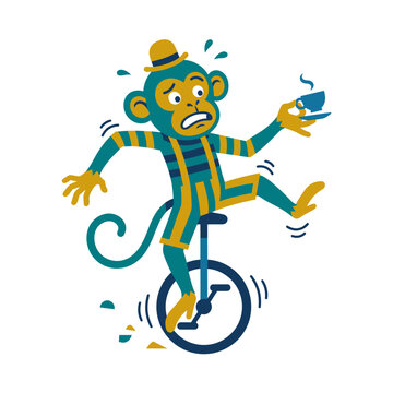 A funny panicked monkey is riding a unicycle holding hot coffee
