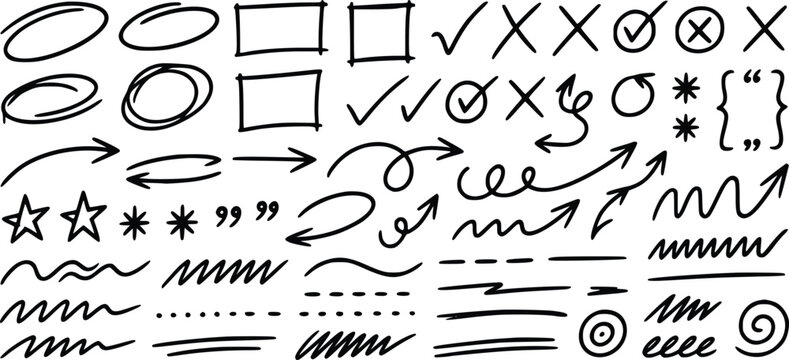 Hand drawn doodle vector elements set featuring arrows circles checkmarks underlines and boxes for creative design