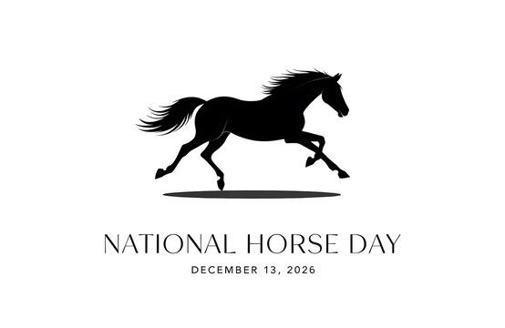 National horse day graphic design featuring a silhouette of a running farm animal white background black and stallion galloping typography strength graceful monochrome minimalist