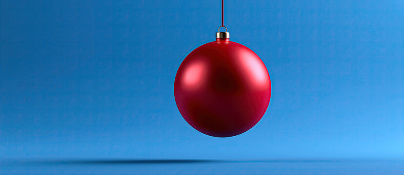 single red christmas bauble hanging on blue background with soft shadow