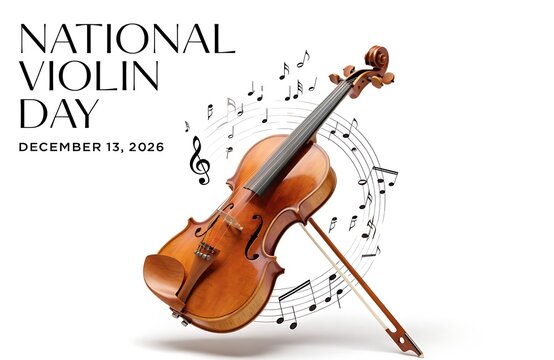 Classic wooden violin instrument with musical notes floating on white background for national celebration classical music treble clef high quality musician orchestra performance