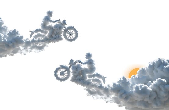 Motorcyclists riding through cloudy sky dreamscape forming motorcycle shapes in air with motorcyclist adventure transportation atmosphere cloudscape ethereal conceptual imagination