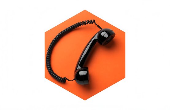 Retro black telephone handset with coiled cord centered on orange hexagonal background communication tool corded phone equipment geometry technology receiver