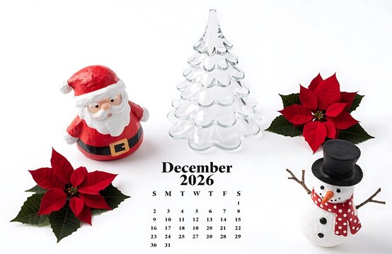 December 2026 calendar page featuring santa figurine glass tree poinsettia flowers and snowman ornament claus christmas holiday season date reminder decor seasonal