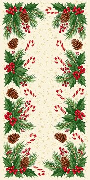 Festive evergreen branches adorned with red berries, pinecones, and candy canes create a border on a textured cream background.