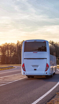 White modern coach bus rear view traveling on curved asphalt highway with guardrail, forest on horizon, passenger and cargo transportation logistics vertical photo