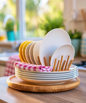 Clean ceramic dishes and a checkered cloth rest on a wooden rack.