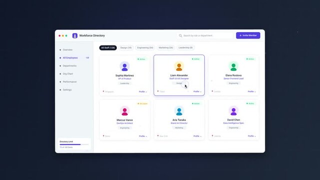 Workforce Directory Software Interface Dashboard on Dark Background